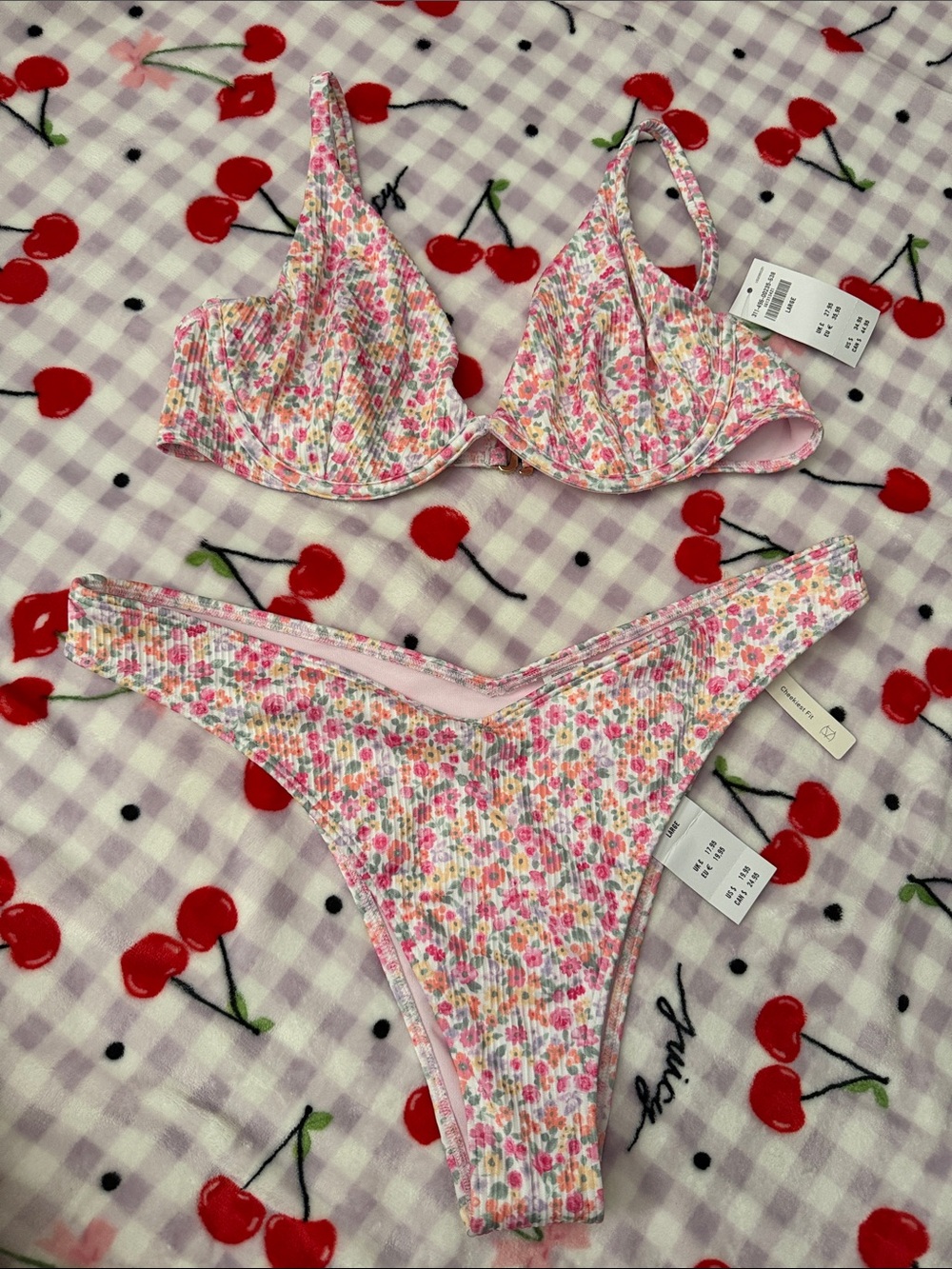 NWT Hollister Floral Ribbed Pink Bikini Set Size Large